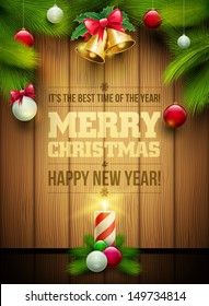 Vector christmas objects and message on wooden background. Elements are layered separately in vector file.