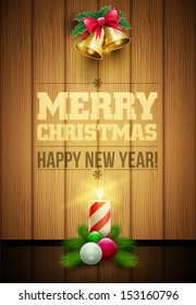 Vector christmas objects and message on wooden background. Elements are layered separately in vector file.