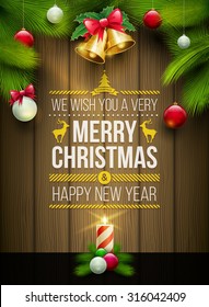 Vector christmas objects and message on wooden background. Elements are layered separately in vector file.