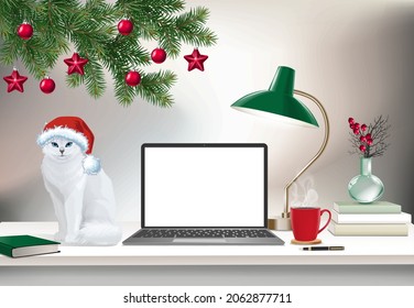 Vector Christmas office interior with mock up realistic laptop, light garland, white cat, green pine branches, office supplies  and coffee cup near a computer. Christmas concept