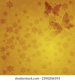 Vector Christmas old paper with snowflakes and butterflies. Grunge frame, postcard

