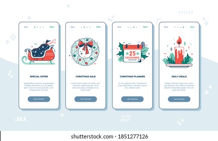 Vector Christmas onboarding screen templates. New Year mobile app concept. UX, UI, GUI color template. Special offer, Christmas sale, planner, daily deals, December 25. Red and green illustrations