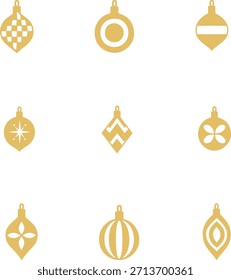 Conjunto de iconos de adorno de Navidades de Vector. Símbolos de oro de la decoración del día de fiesta para las tarjetas de felicitación, invitaciones, Web, impresión, año nuevo, simple, diseño, colección, vintage.