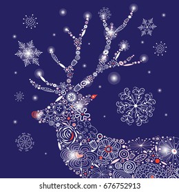 Vector Christmas ornamental deer portrait on a dark blue background with snowflakes