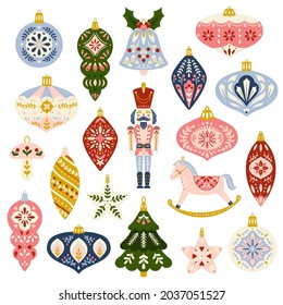 Vector Christmas Ornaments Illustration Set in a Folk Art Style Isolated on a White Background