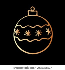 Espectáculo navideño dorado bola de árbol. Elemento de Año Nuevo y diseño de navidad en estilo doodle, aislado. Ilustración simple dibujada a mano para tarjetas de felicitación, calendarios, impresiones