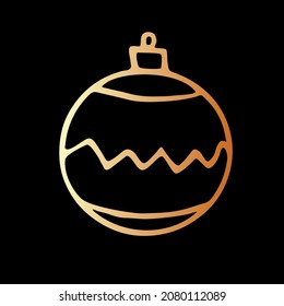Espectáculo navideño dorado bola de árbol. Elemento de Año Nuevo y diseño de navidad en estilo doodle, aislado. Ilustración simple dibujada a mano para tarjetas de felicitación, calendarios, impresiones