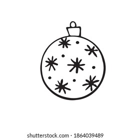 Vector Christmas outline tree ball. Element of New year and xmas design in doodle style, isolated. Simple hand drawn illustration for greeting cards, calendars, prints, childrens coloring book