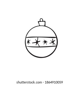 Vector Christmas outline tree ball. Element of New year and xmas design in doodle style, isolated. Simple hand drawn illustration for greeting cards, calendars, prints, childrens coloring book