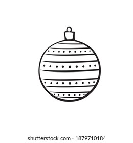 Vector Christmas outline tree ball. Element of New year and xmas design in doodle style, isolated. Simple hand drawn illustration for greeting cards, calendars, prints, childrens coloring book