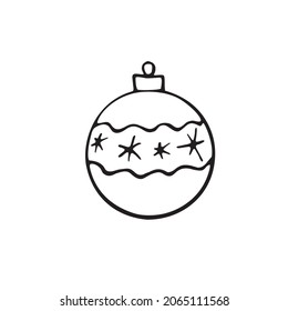 Vector Christmas outline tree ball. Element of New year and xmas design in doodle style, isolated. Simple hand drawn illustration for greeting cards, calendars, prints, childrens coloring book