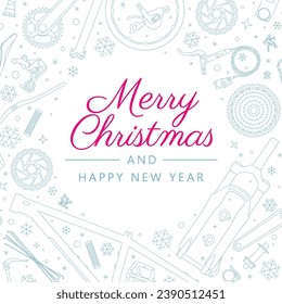 Vector Christmas page with bicycle parts icons and snowflakes. Text Merry Christmas And Happy New Year. Isolated on blue background. 