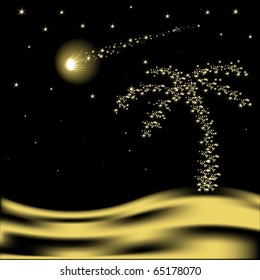 Vector Christmas Palm Tree With Falling Star In Desert