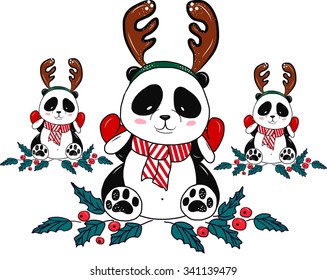 Vector Christmas panda bear with antlers