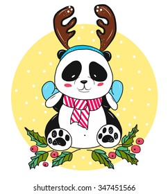Vector Christmas panda bear with antlers in the snow. yellow background