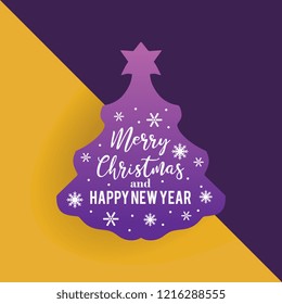 Vector christmas paper cut with punchy pastel colors of yellow and purple. Merry christmas and happy new year text typography minimal style illustration eps 10. Good for web banner, poster, and card.