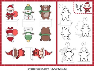 Muñecas de papel de Navidad vectorial. Marionetas o patatas fritas con Santa Claus, muñeco de nieve, elfo, oso con bufanda para los niños. Las vacaciones de invierno cortan las tarjetas de artesanía. Juego imprimible de Año Nuevo simple