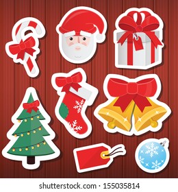 Vector Christmas Paper Icons Set Wooden Background
