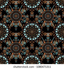 Vector Christmas party design template. Abstract Christmass illustration with blue and orange snowflakes on black background.