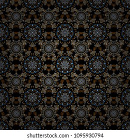 Vector Christmas party design template. Abstract Christmass illustration with blue, orange and brown snowflakes on black background.