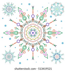 Vector christmas party design template. Abstract Christmass illustration with five blue and gray snowflakes on a white background.