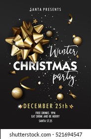 Vector Christmas Party design template with golden bow. Holiday illustration