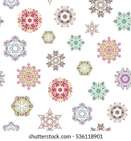 Vector Christmas party design template. Abstract Christmass illustration with blue, neutral and green snowflakes on white background.
