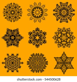 Vector christmas party design template. Abstract Christmass illustration with nine snowflakes on a yellow background.