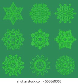 Vector christmas party design template. Abstract Christmass illustration with nine snowflakes on a green background.