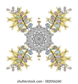 Vector Christmas party design template. Abstract Christmass illustration with white snowflakes with doodles and golden elements on white background.