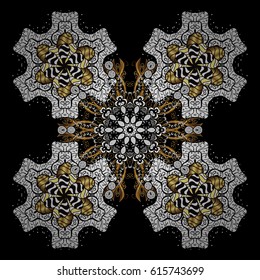 Vector Christmas party design template. Abstract Christmass illustration with black snowflakes with doodles and golden elements on black background.