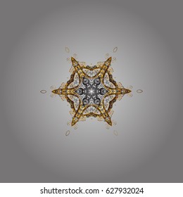 Vector Christmas party design template. Abstract Christmass illustration with snowflakes with doodles and golden elements on gray background.