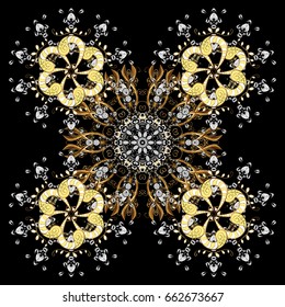 Vector Christmas party design template. Abstract Christmass illustration with black snowflakes with doodles and golden elements on black background.