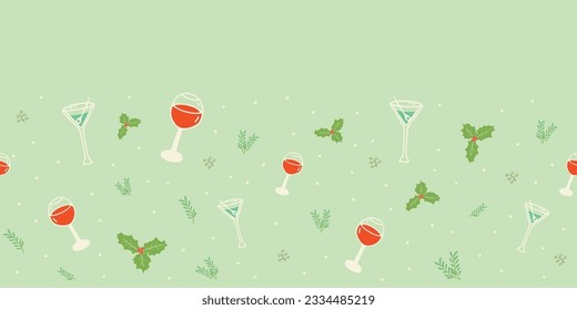 Vector Christmas Party Drinks and Holly Leaves Border with Vintage Green Background seamless pattern. Perfect for fabric, scrapbooking, wallpaper projects and paper products.