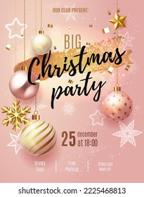 Vektor Christmas Party Elegantes rosa Schneedesign Vorlage. Firmenfeiern Xmas Einladung goldene Weihnachtsbälle mit Schneeflocken, Sterne in Blätter. Winterparty-Poster für Vertikal-Neujahr 