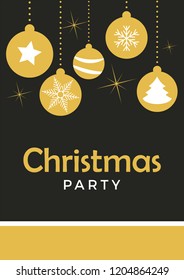 Vector christmas party invitation with balls on christmas tree. Holiday background and design banner in retro style. Vector flat template in black and gold