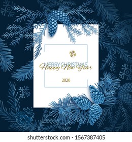 Vector Christmas Party Invitation design template, typography. Blue Christmas tree branches and pine cones on a dark blue background. Winter Christmas banner or greeting card.