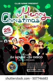 Vector christmas party invitation disco style. Night club, dj, women, disco ball template  posters or flyers.