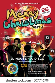 Vector christmas party invitation disco style. Night club, dj, women, disco ball template  posters or flyers.