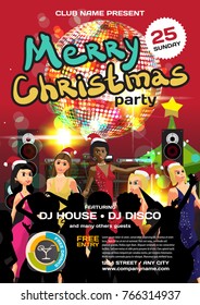Vector christmas party invitation disco style. Night club, dj, women, disco ball template  posters or flyers.