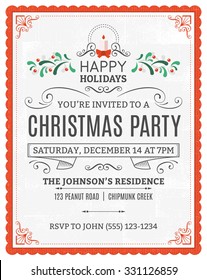Vector christmas party invitation. Dummy text is on a separate layer for easy removal. Only solid fills used.