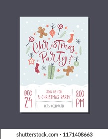 Vector christmas party invitation with handwritten modern brush lettering.