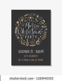 Vector christmas party invitation with handwritten modern brush lettering.