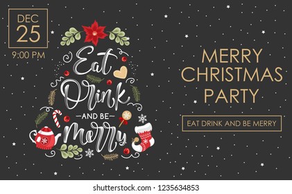 Vector Christmas party invitation with inscription. Festive branches, flowers, gifts and items. Vector illustration.