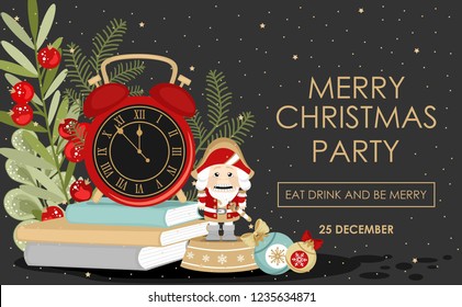 Vector Christmas party invitation with inscription. Festive branches, flowers, gifts and items. Vector illustration.