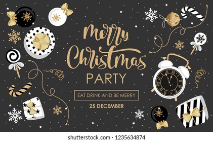 Vector Christmas party invitation with inscription. Festive branches, flowers, gifts and items. Vector illustration.