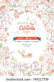 Vector Christmas party invitation template with cute snowmen. Outlined snowmen with Christmas sock and baubles, candy cane, gift boxes, birds, ski, skate or garland. Music notes, stars and snowflakes.