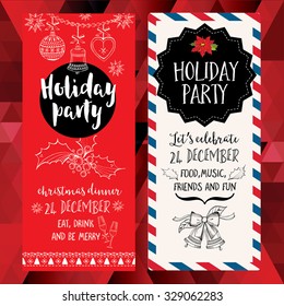 Vector christmas party invitation with toys. Holiday background and design banner. Vector template with hand-drawn xmas graphic.