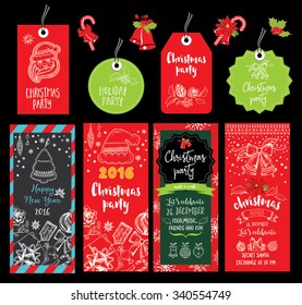 Vector christmas party invitation with toys. Holiday background and design banner. Vector template with hand-drawn xmas graphic.