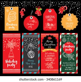 Vector christmas party invitation with toys. Holiday background and design banner. Vector template with hand-drawn xmas graphic.